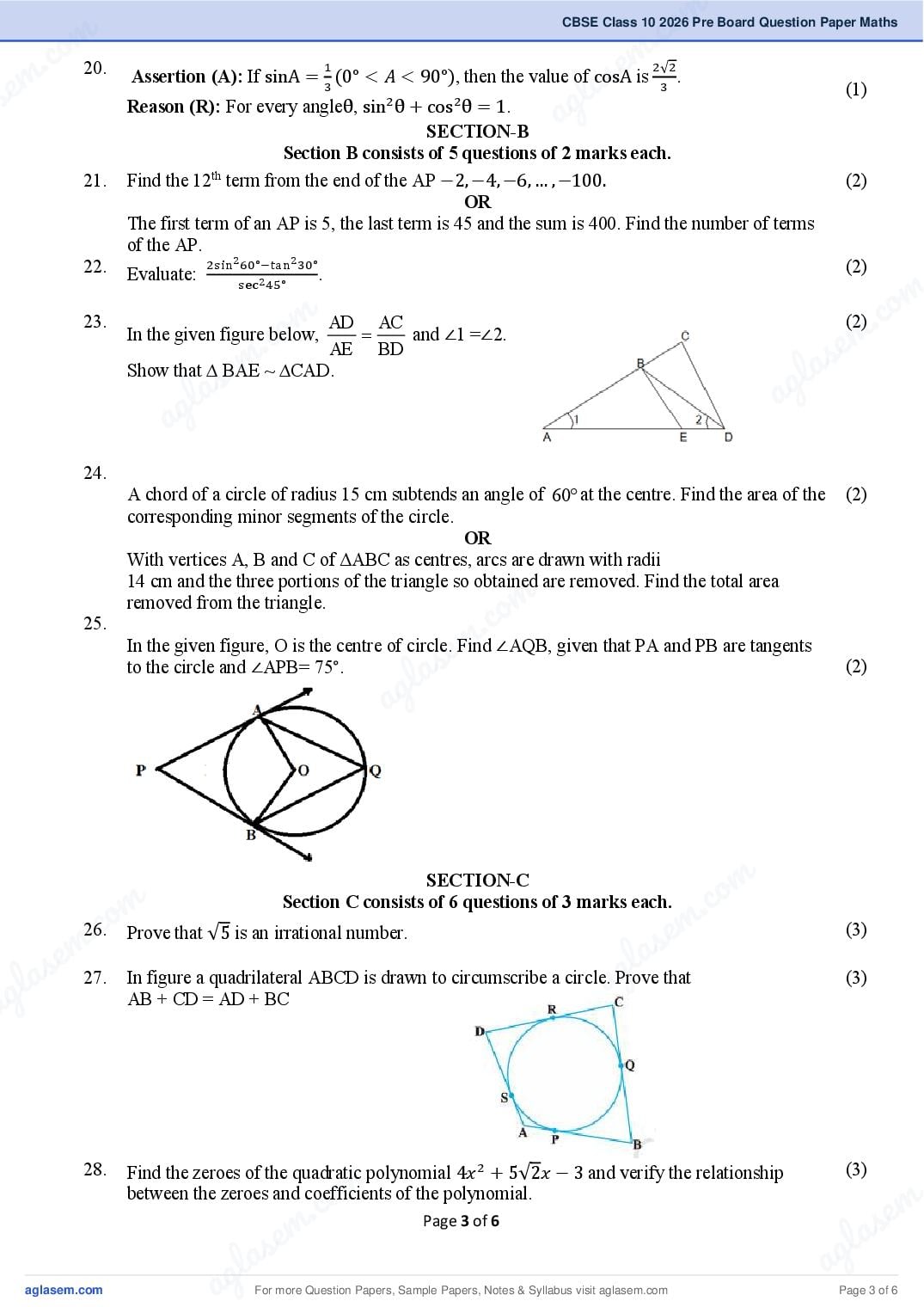 One Class Math Paper Sample Class 10 Maths Standard Pre Board Question Paper 2026 PDF - Download ...