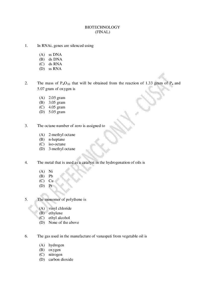 CUSAT CAT 2023 Question Paper Biotechnology - Page 1