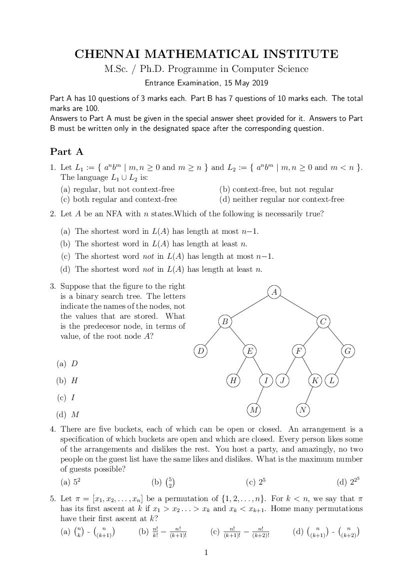 CMI Entrance Exam 2019 Question Paper for M.Sc or Ph.D Computer Science - Page 1