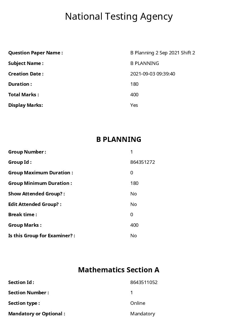 JEE main 2021 Question Paper 02 Sep Shift 2 B.Plan - Page 1