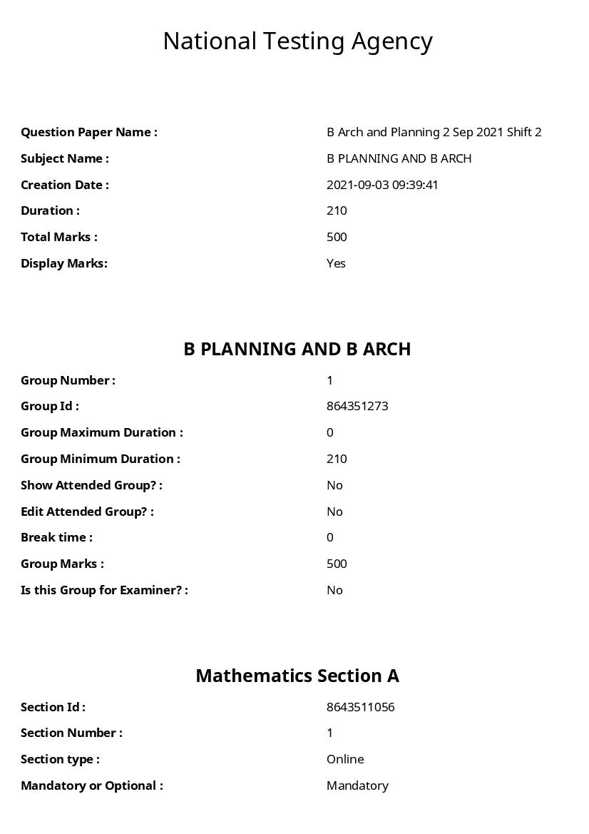JEE main 2021 Question Paper 02 Sep Shift 2 B.Arch B.Plan - Page 1