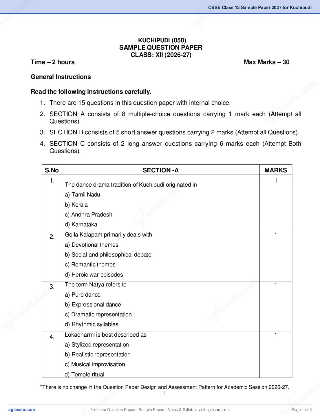 CBSE Class 12 Sample Paper 2027 for Kuchipudi - Page 1 of 3