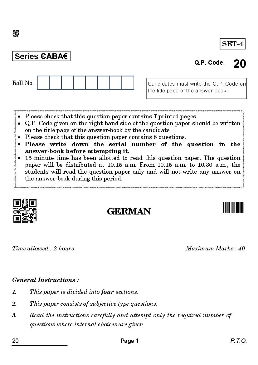CBSE Class 12 Question Paper 2022 German - Page 1