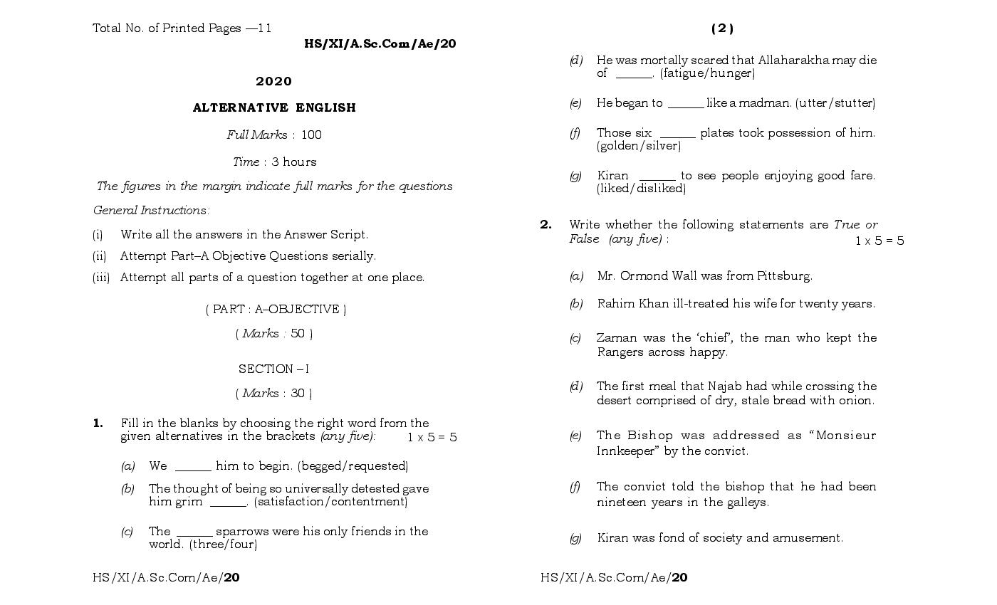 MBOSE Class 11 Question Paper 2020 For English Alternative