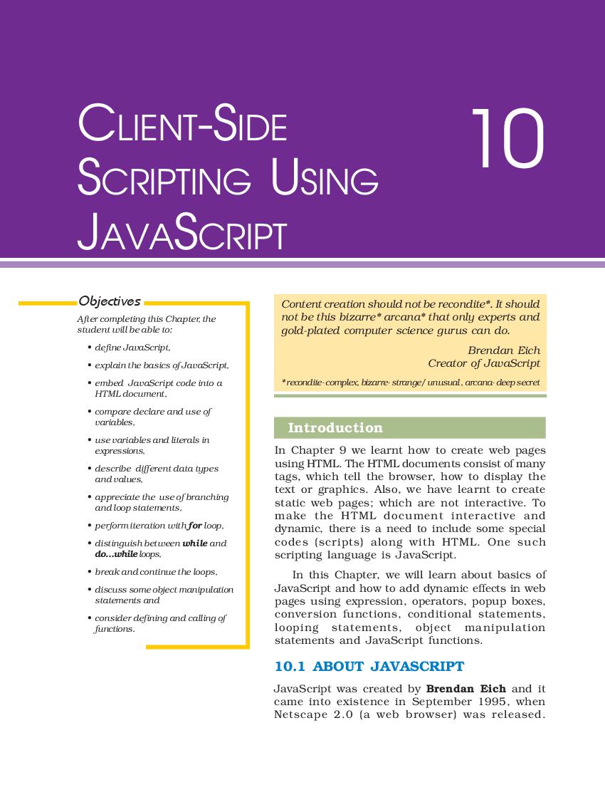 NCERT Book Class 11 Computer and Communication Technology Chapter 10 Client-side Scripting Using Javascript - Page 1