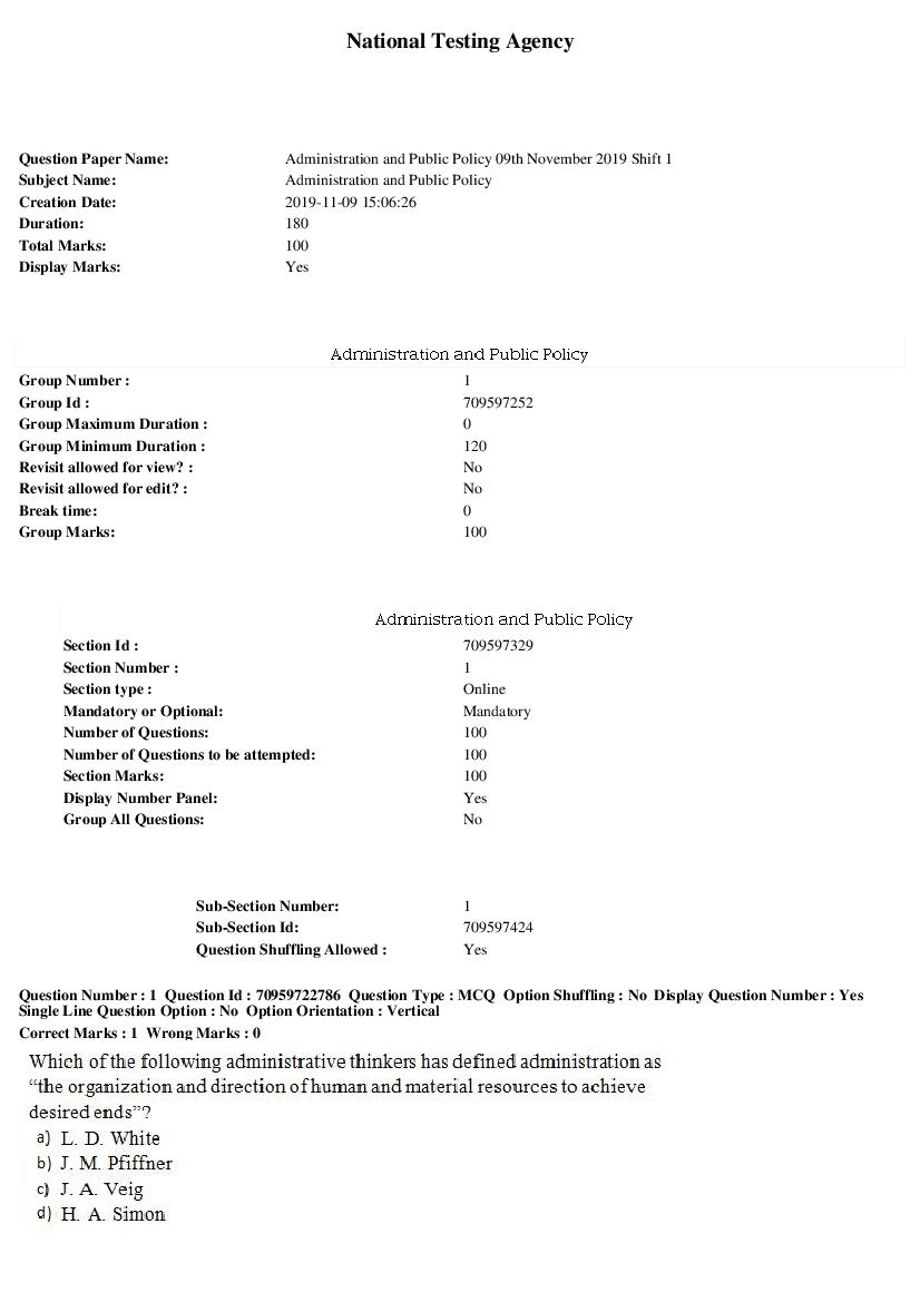 SWAYAM 2019 Question Paper Administration and Public Policy - Page 1 of 28