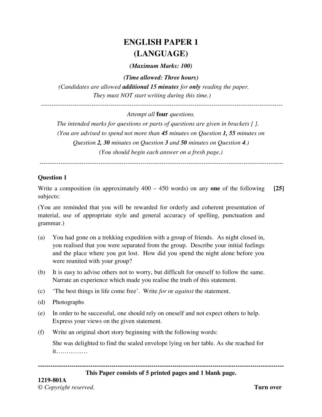 ISC Class 12 Question Paper 2019 for English Paper 1 - Page 1