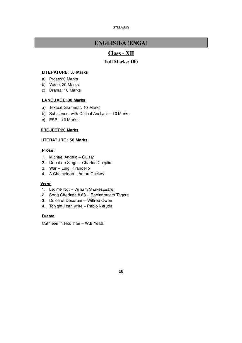 WBCHSE Class 12 Syllabus For English