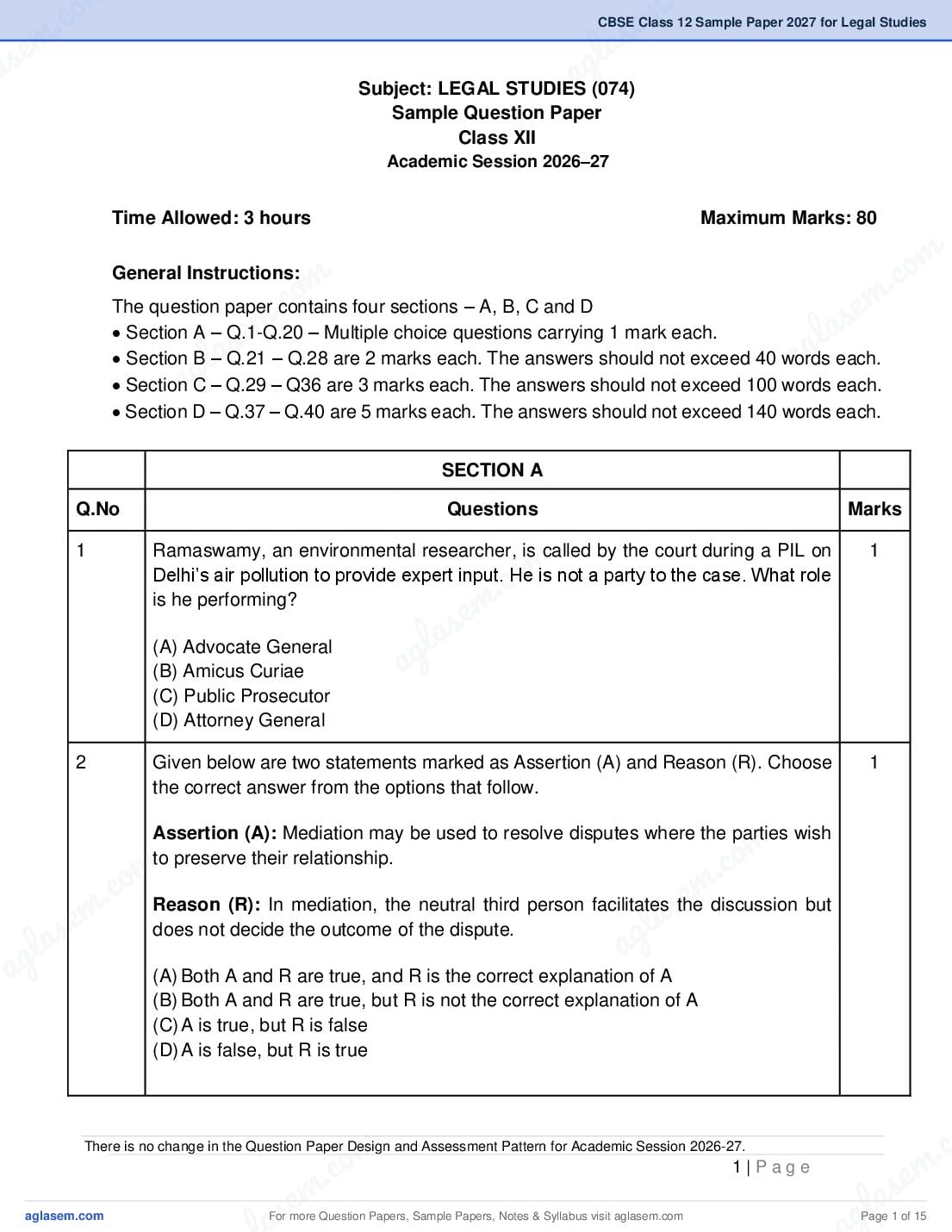 CBSE Class 12 Sample Paper 2027 for Legal Studies - Page 1 of 15