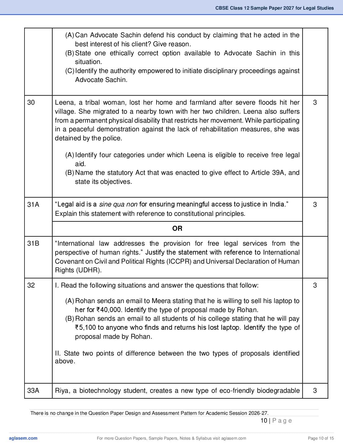 CBSE Class 12 Legal Studies Sample Paper 2027 with Marking Scheme PDF