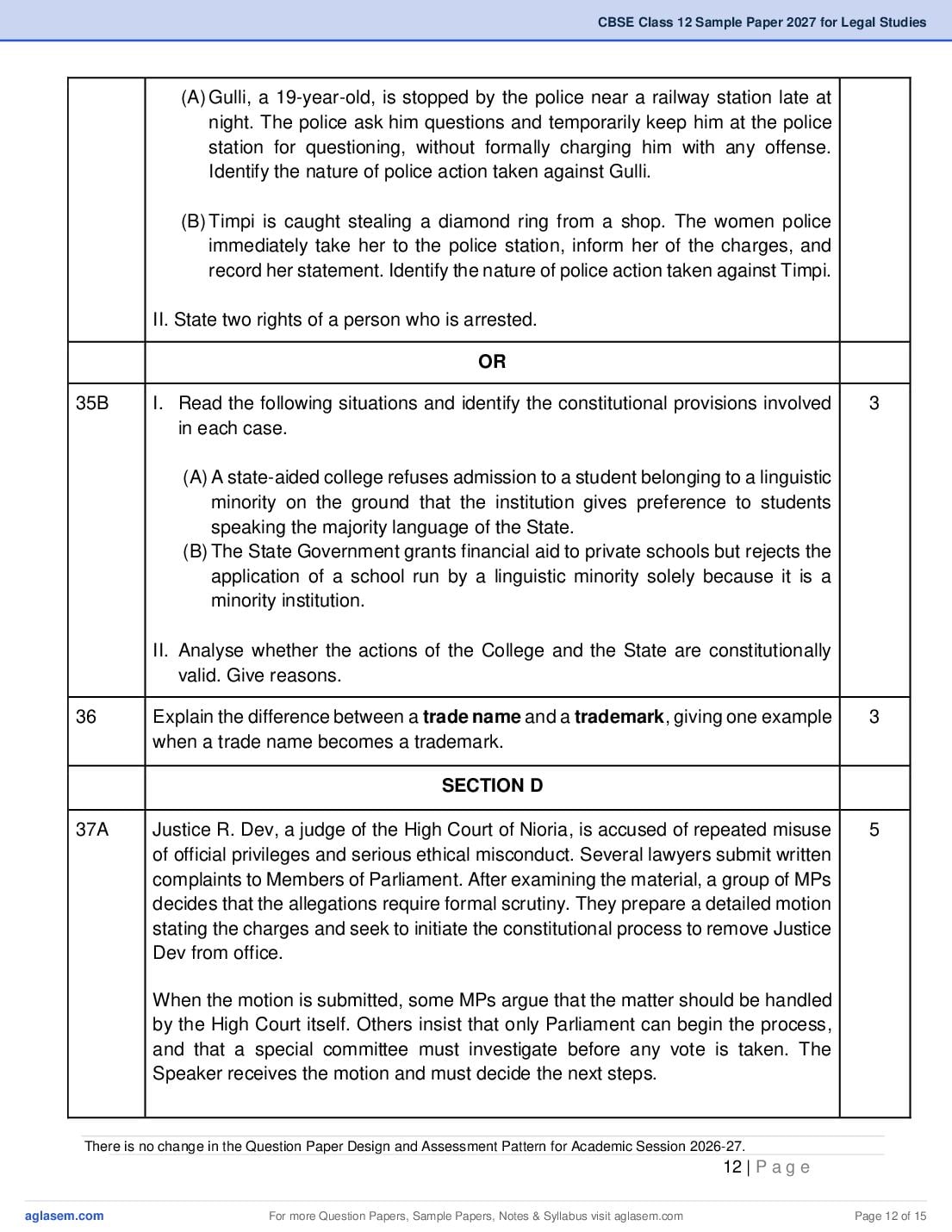 CBSE Class 12 Legal Studies Sample Paper 2027 with Marking Scheme PDF