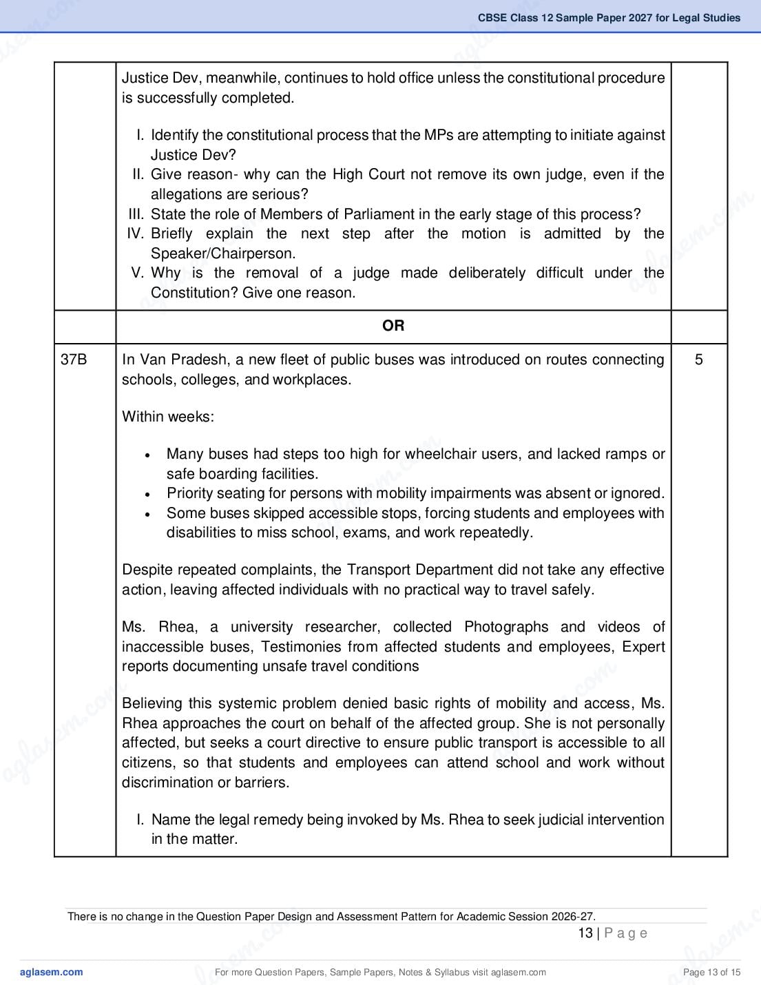 CBSE Class 12 Legal Studies Sample Paper 2027 with Marking Scheme PDF