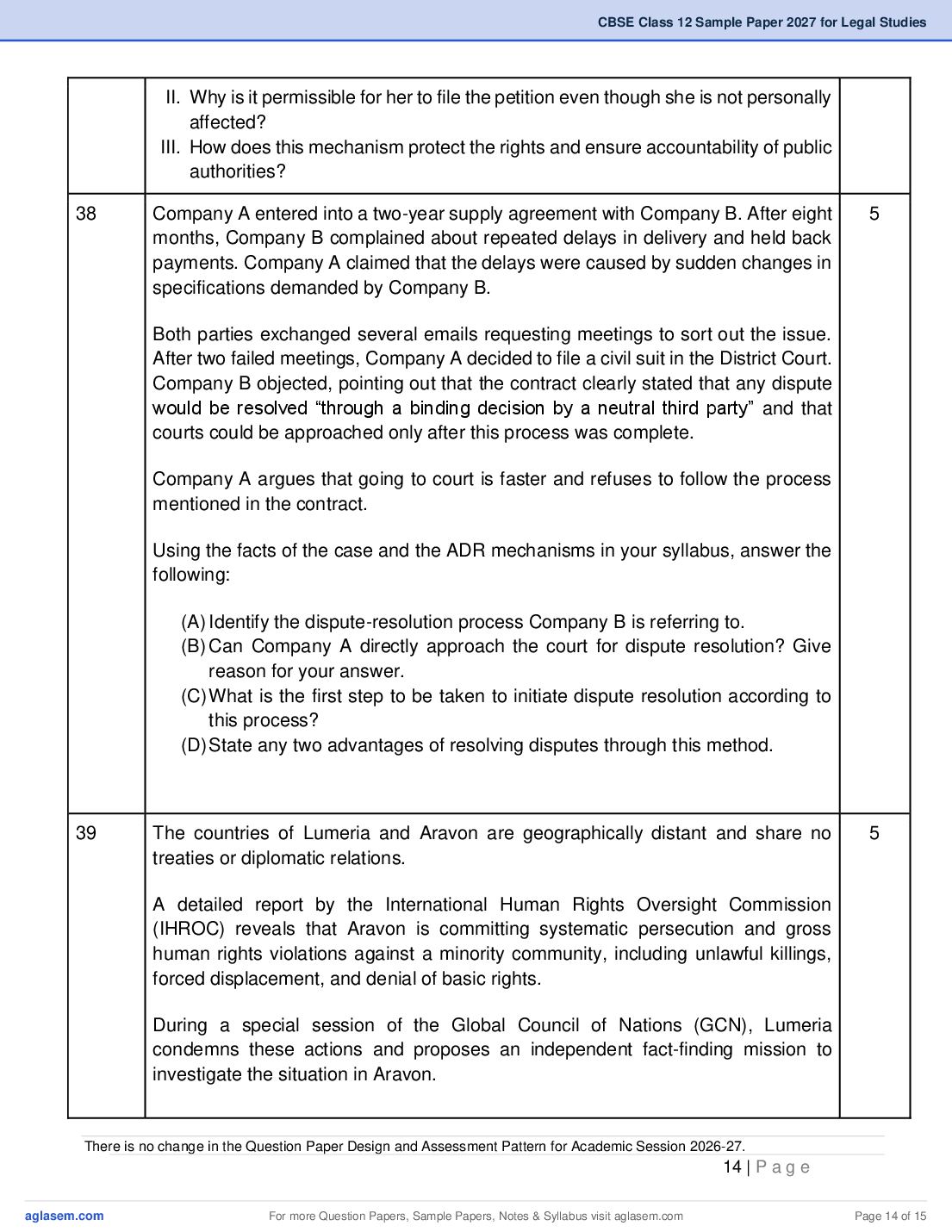 CBSE Class 12 Legal Studies Sample Paper 2027 with Marking Scheme PDF