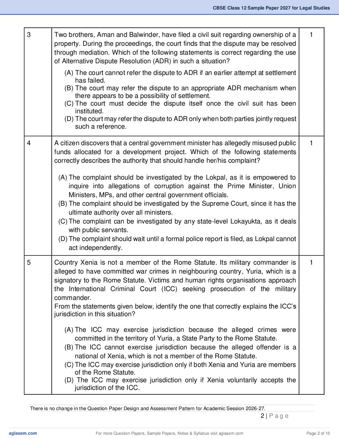 CBSE Class 12 Legal Studies Sample Paper 2027 with Marking Scheme PDF