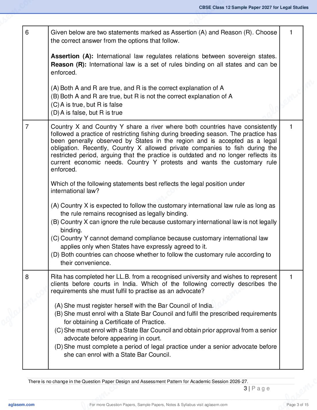 CBSE Class 12 Legal Studies Sample Paper 2027 with Marking Scheme PDF