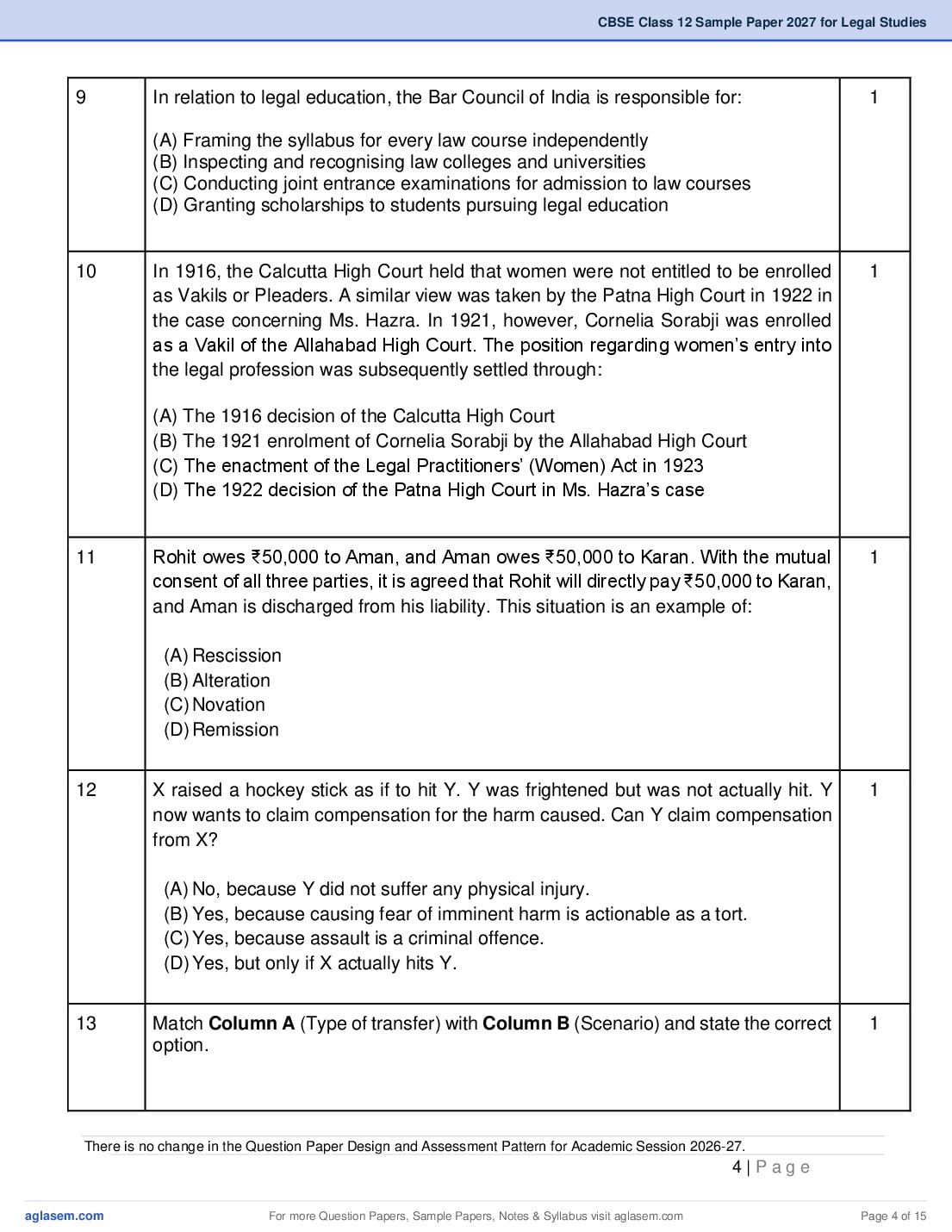 CBSE Class 12 Legal Studies Sample Paper 2027 with Marking Scheme PDF