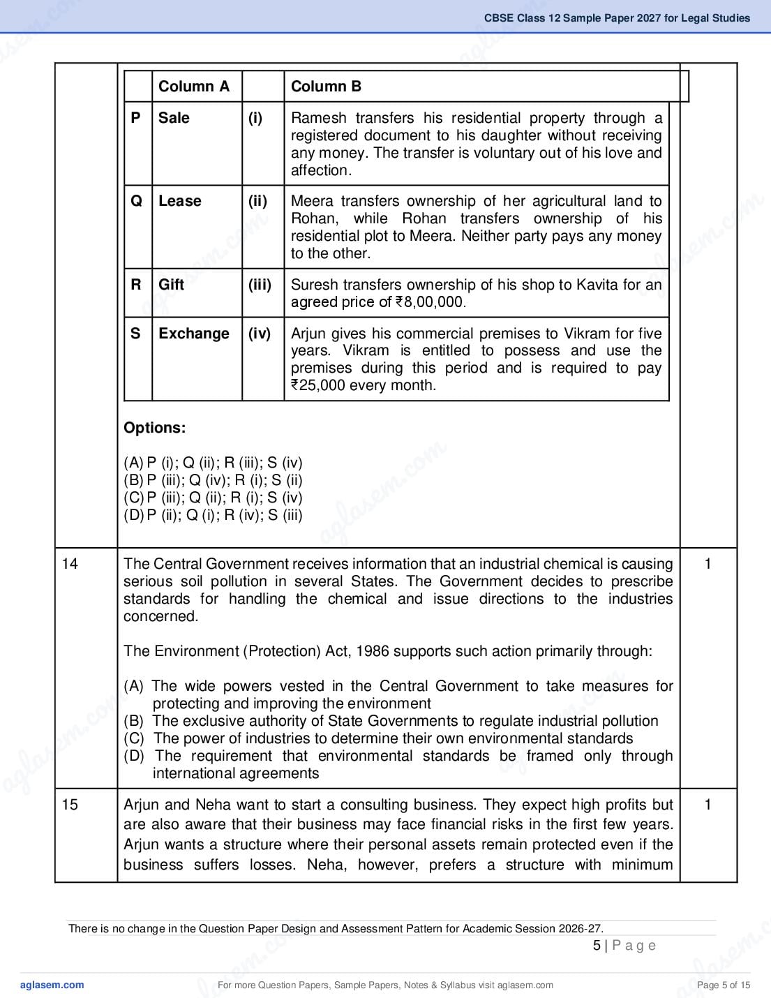 CBSE Class 12 Legal Studies Sample Paper 2027 with Marking Scheme PDF