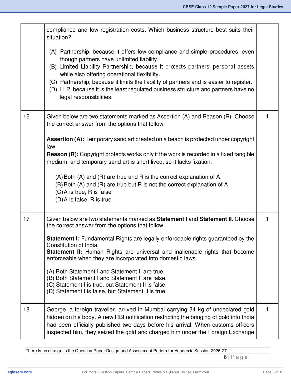 CBSE Class 12 Legal Studies Sample Paper 2027 with Marking Scheme PDF