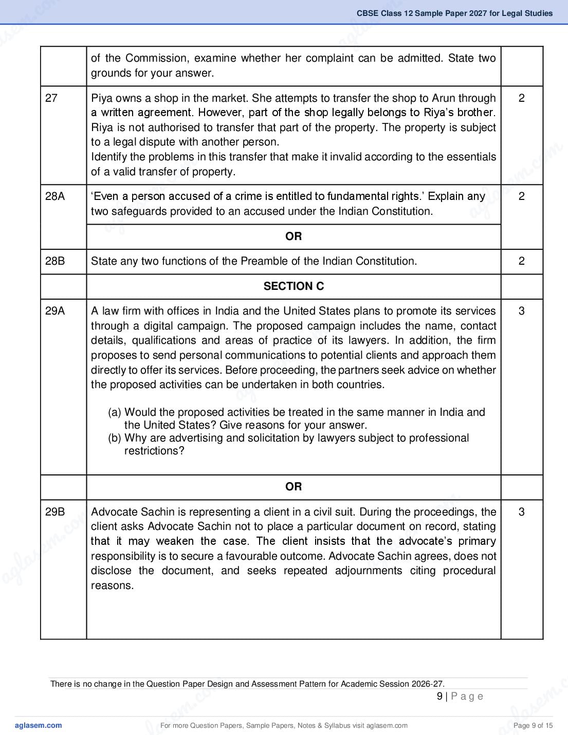 CBSE Class 12 Legal Studies Sample Paper 2027 with Marking Scheme PDF