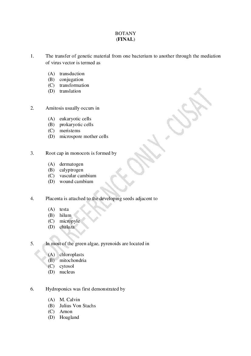 CUSAT CAT 2023 Question Paper Botany - Page 1