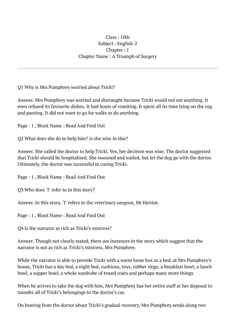 NCERT Solutions 2025 Class 10 English Chapter 1 A Triumph Of Surgery