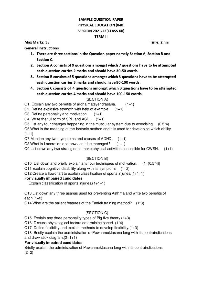 CBSE Class 12 Marking Scheme 2022 for Physcal Education Term 2 - Page 1