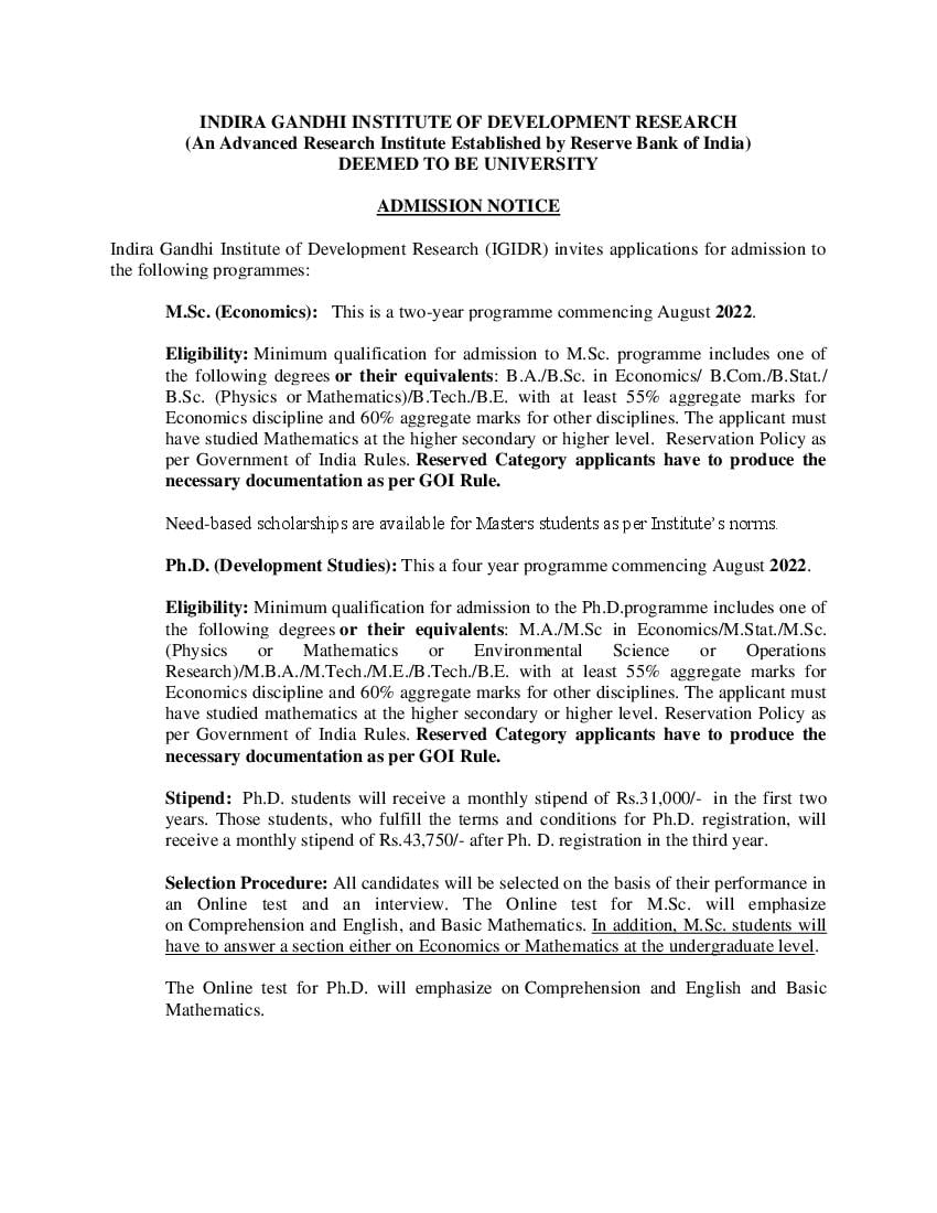 IGIDR Admission 2022 Notification - Page 1