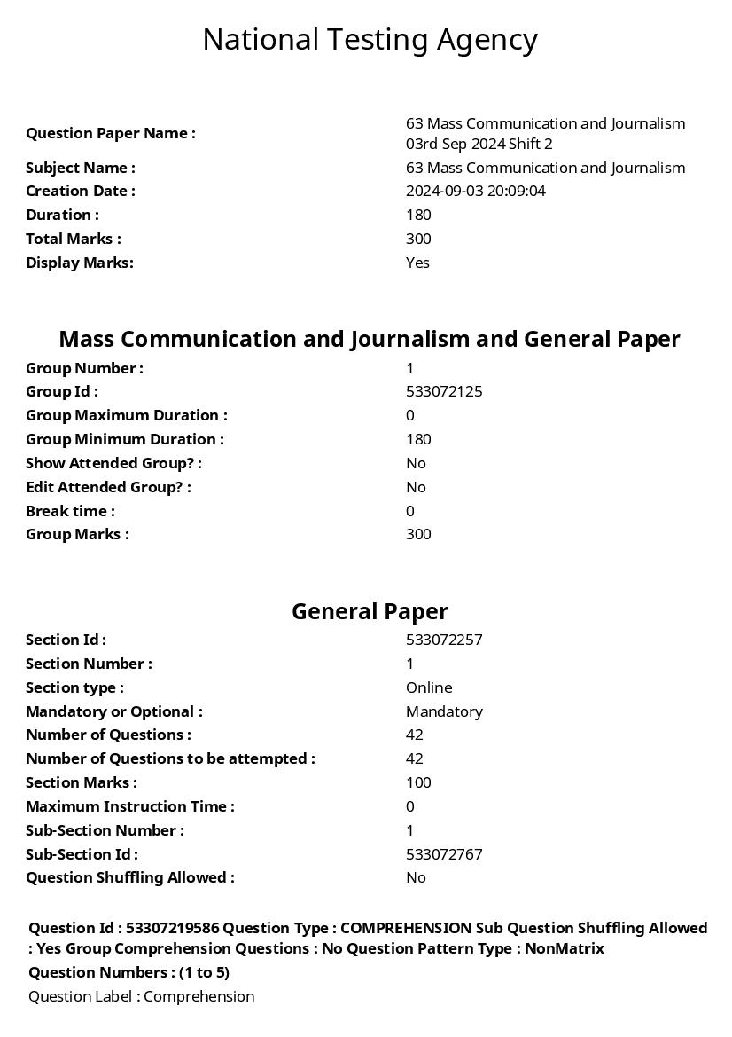 UGC NET 2024 Question Paper Mass Communication and Journalism - Page 1