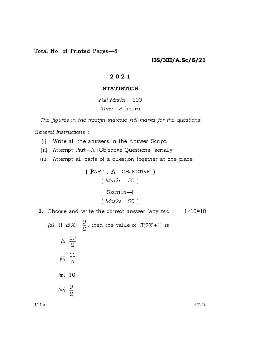 MBOSE Class 12 Question Paper 2021 for Statistics - Page 1