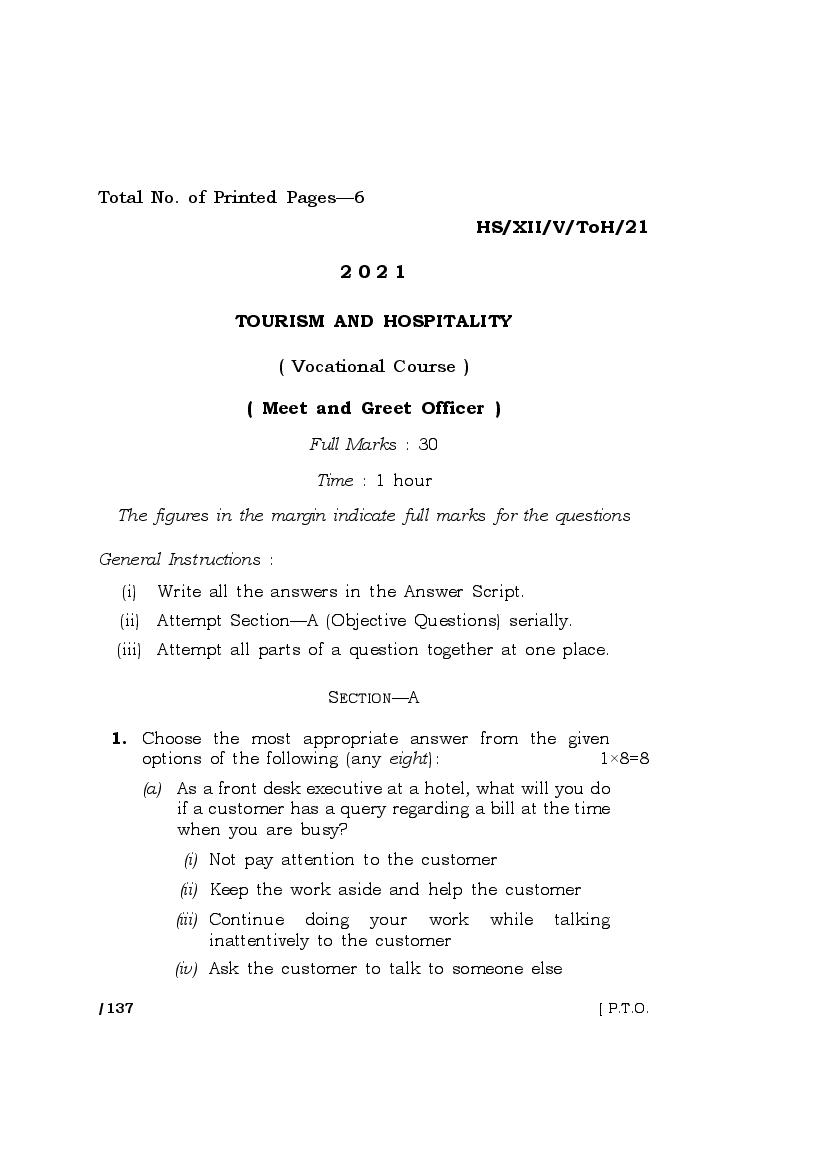 MBOSE Class 12 Question Paper 2021 for Tourism and Hospitality - Page 1