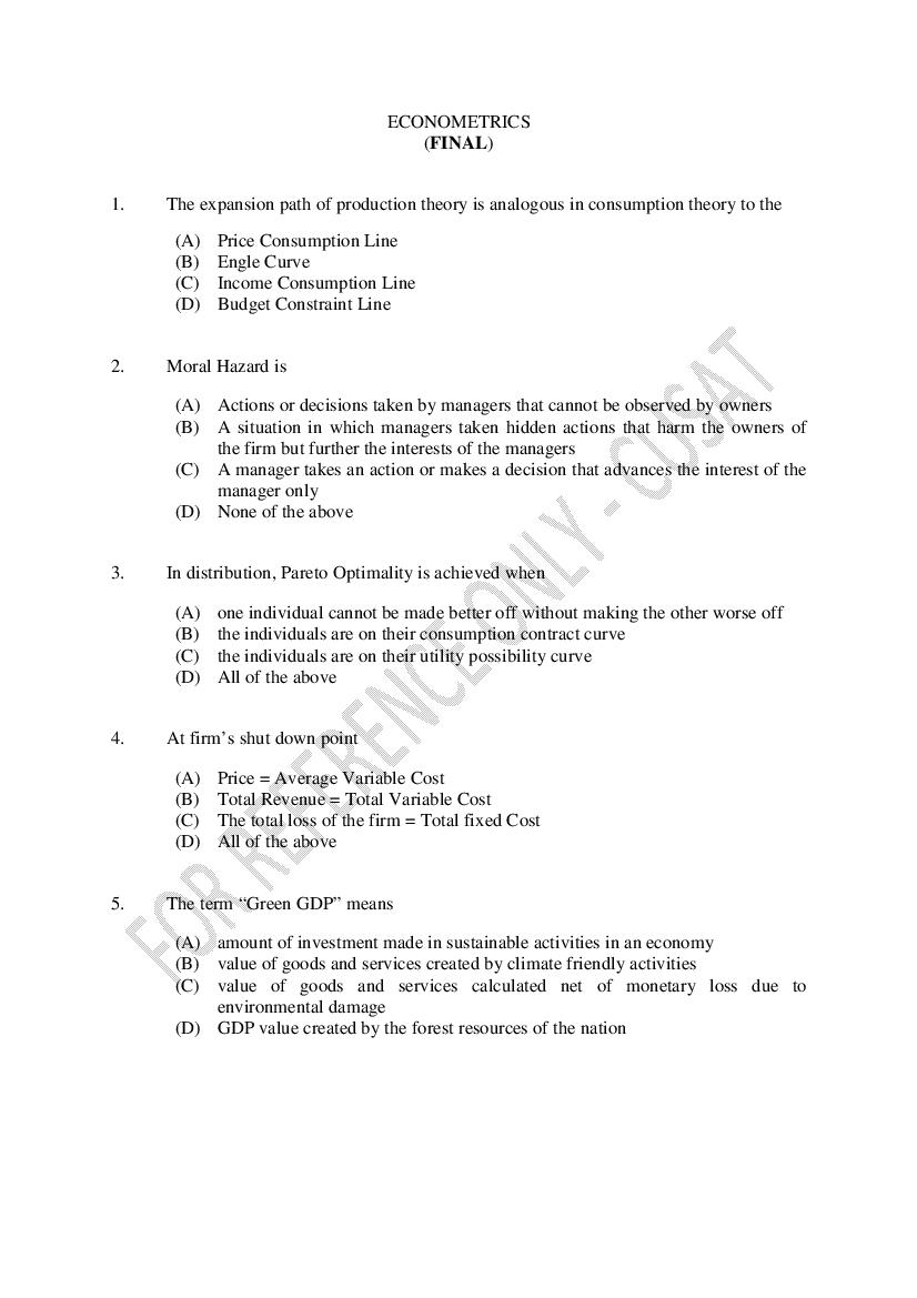 CUSAT CAT 2023 Question Paper Econometrics - Page 1