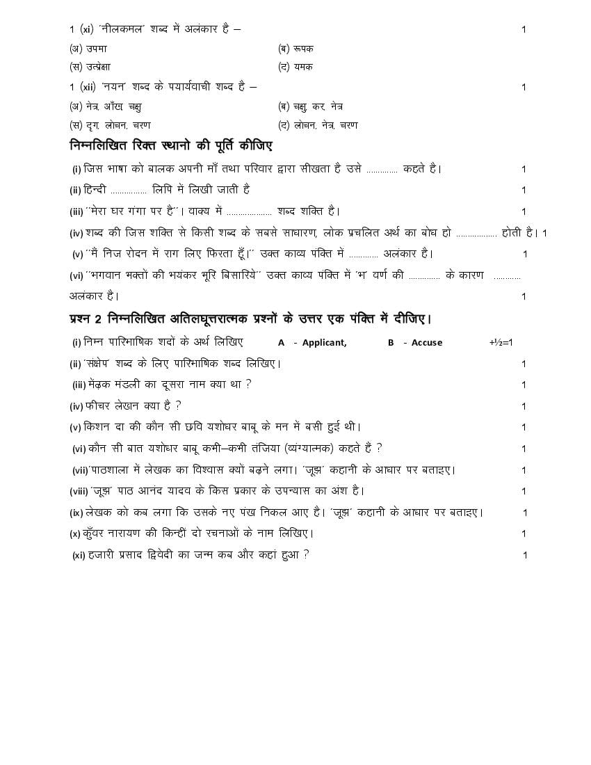 RBSE Class 12 Model Question Paper 2022 Hindi Download PDF Rajasthan