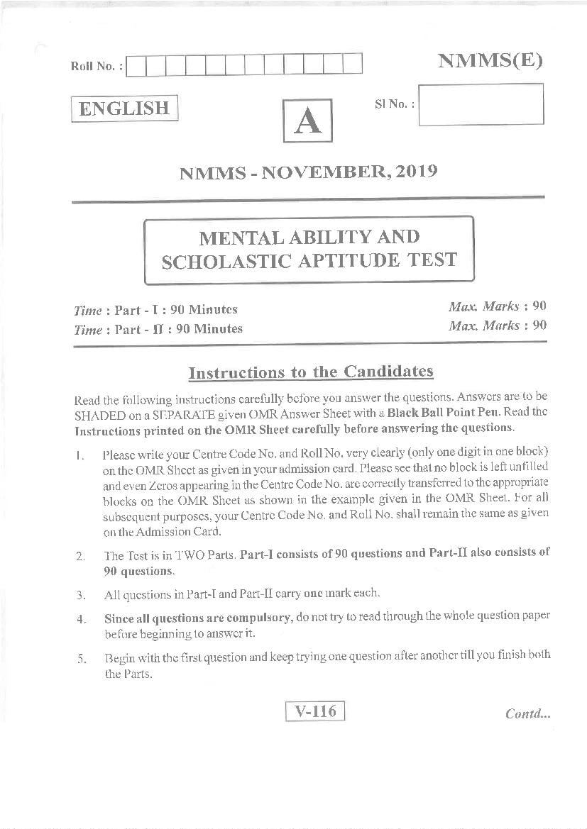AP NMMS 2019 Question Paper - Page 1