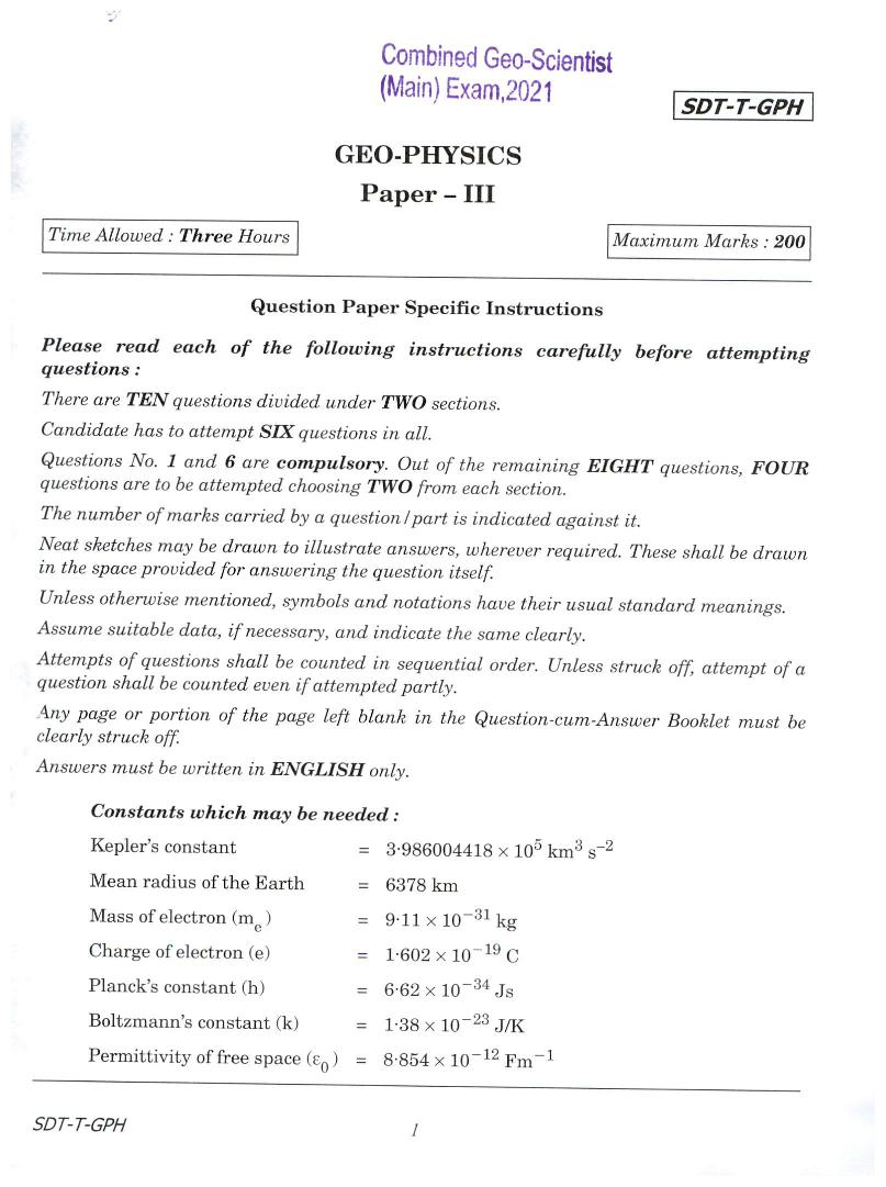 UPSC CGGE 2021 (Mains) Question Paper for Geo-Physics III - Page 1