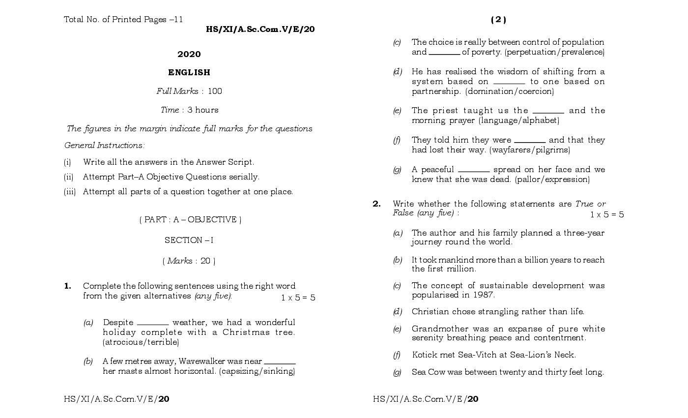 MBOSE Class 11 Question Paper 2020 for English - Page 1