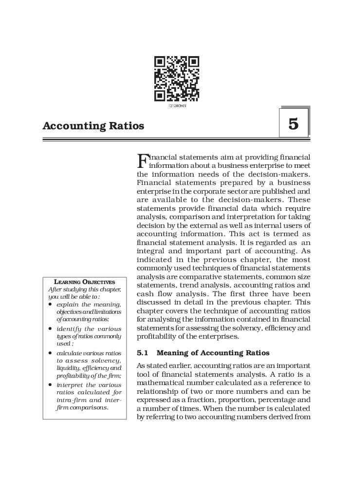 NCERT Book Class 12 Accountancy (Part 2) Chapter 5 Accounting Ratios - Page 1