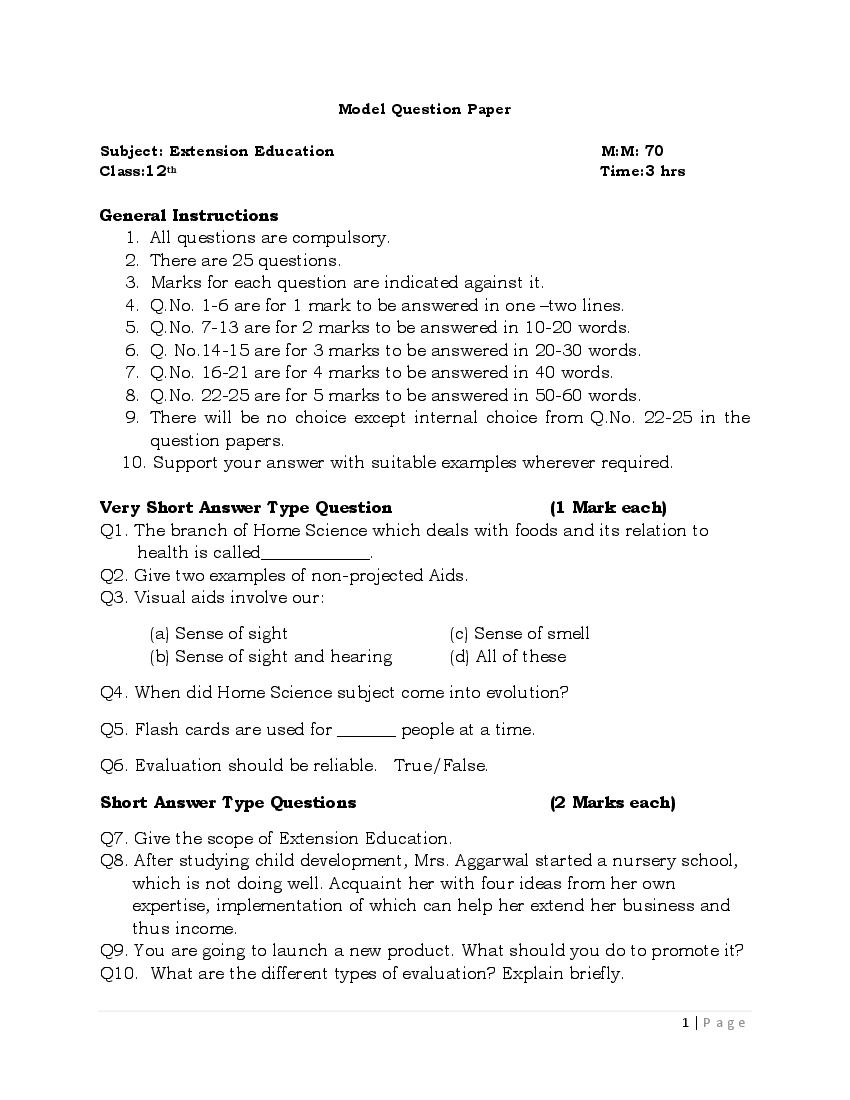 JKBOSE 12th Class Model Paper 2024 Extension Education - Page 1