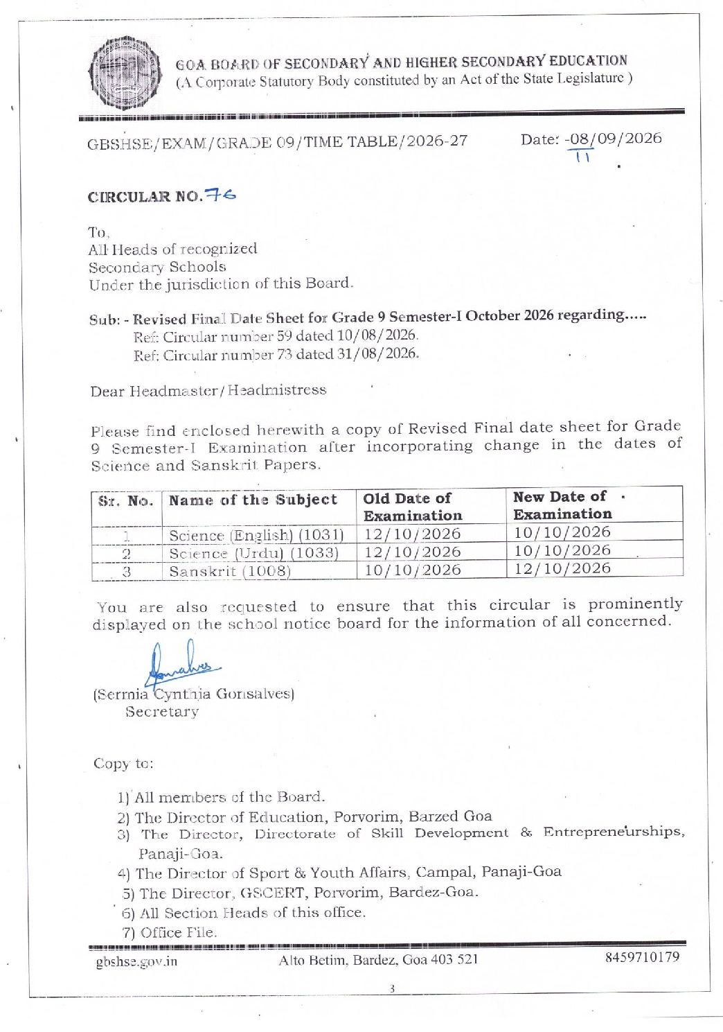 Goa Board Class 9 Semester 1 Time Table 2026 (Revised) - Page 1 of 2