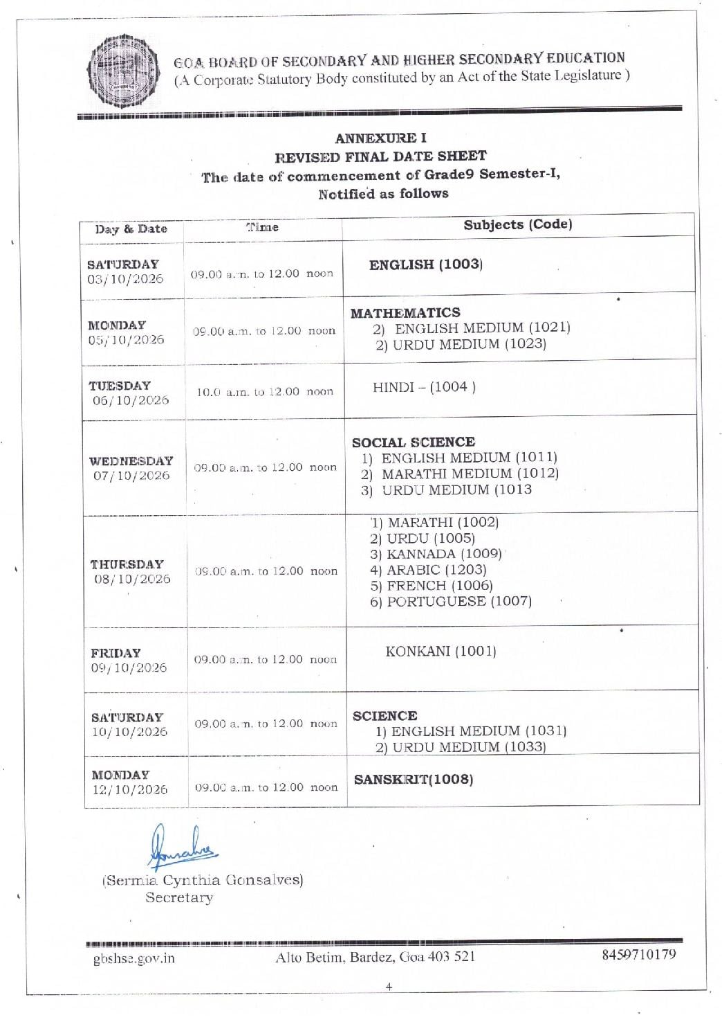Goa Board Class 9 Time Table 2026-27 – Semester 1 (Revised) and Semester 2 Exam Dates PDF