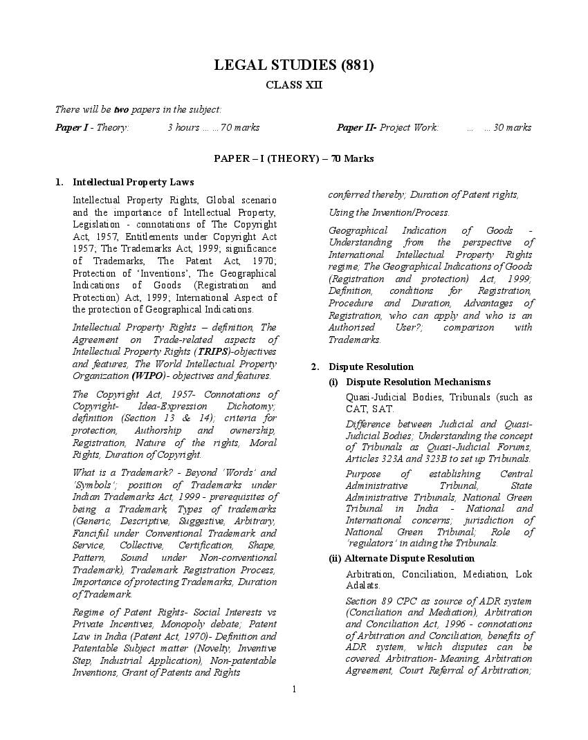 ISC Class 12 Syllabus 2023 Legal Studies (Revised) - Page 1