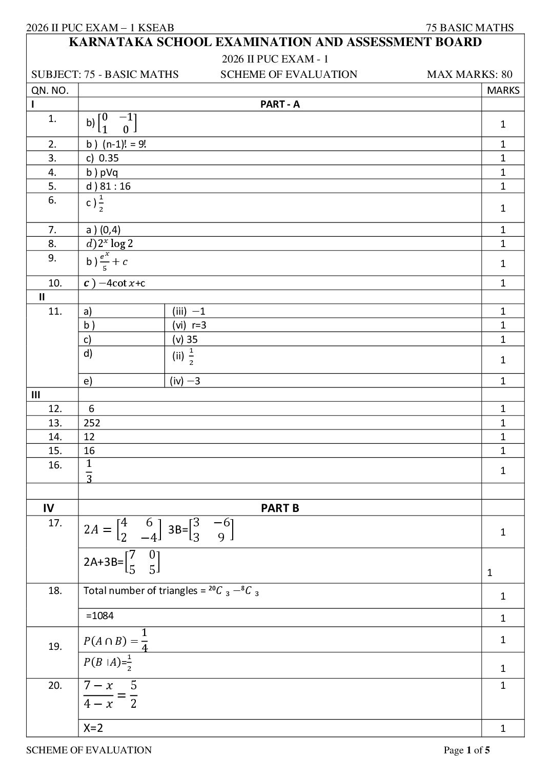Karnataka 2nd PUC Question Paper 2026 Answer Key Basic Mathematics - Page 1 of 5