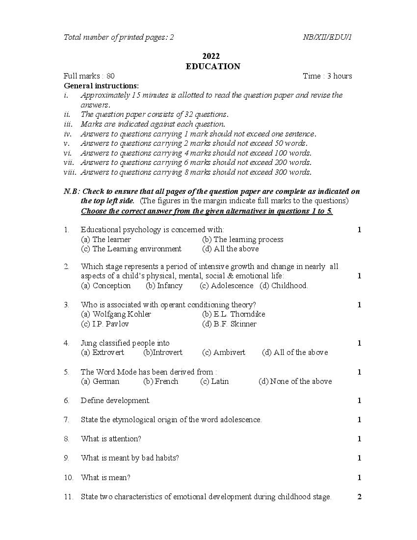 NBSE Class 10 Question Paper 2022 Education - Page 1