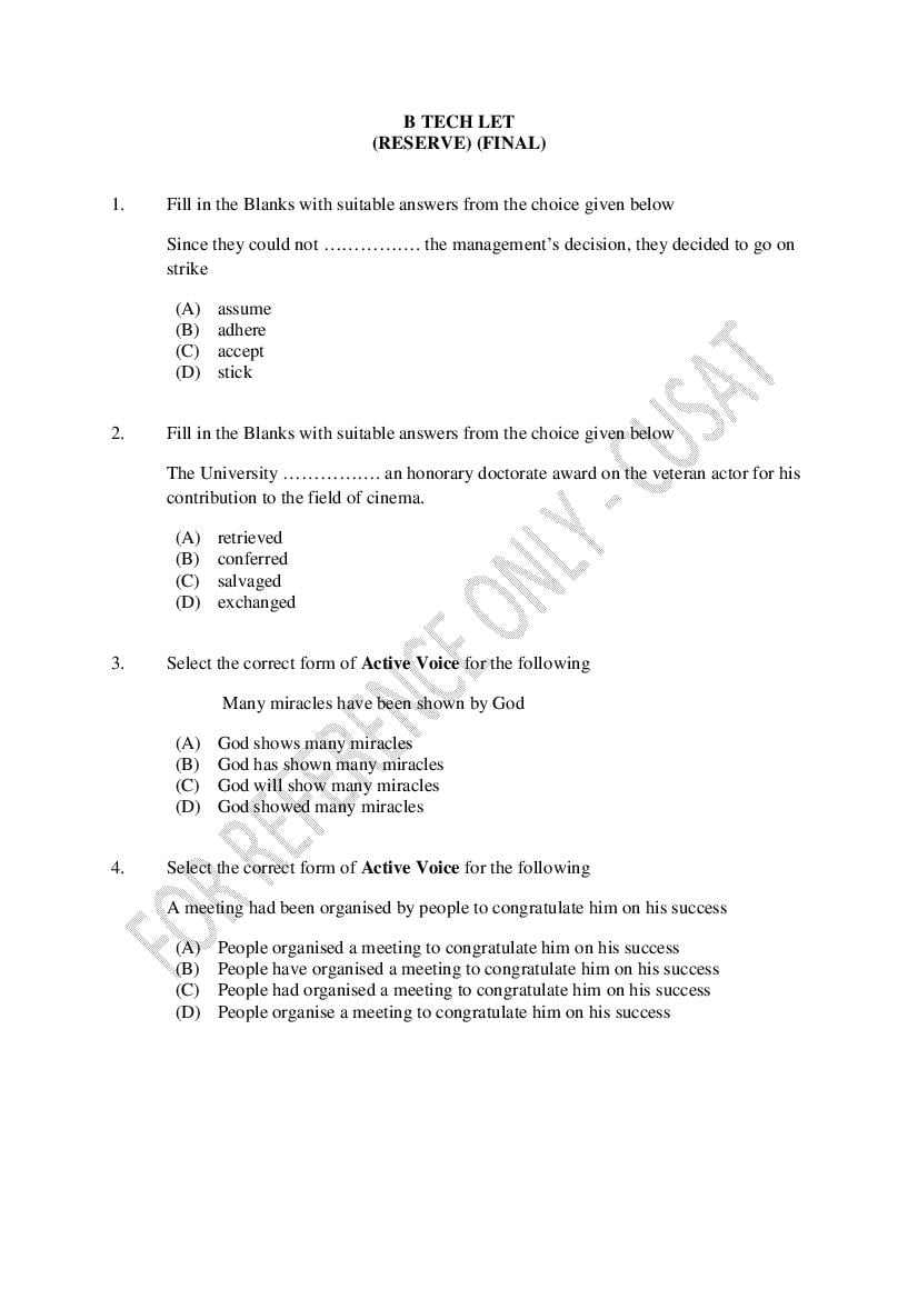 CUSAT CAT 2023 Question Paper Btech Let Combined