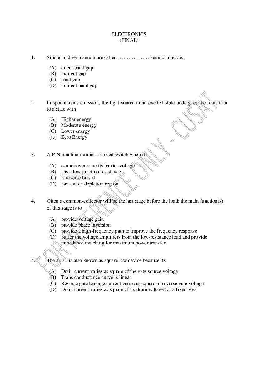 CUSAT CAT 2023 Question Paper Electronics - Page 1