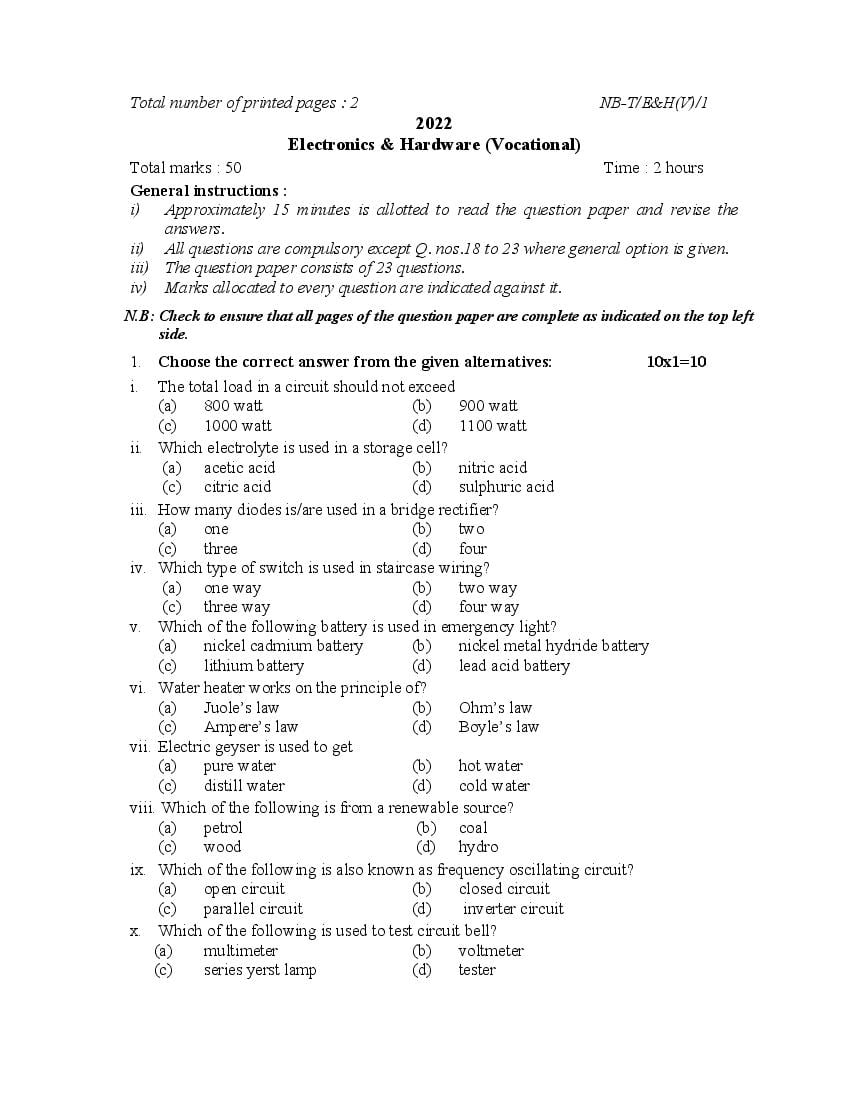 NBSE Class 10 Question Paper 2022 Electronics & Hardware (Vocational) - Page 1