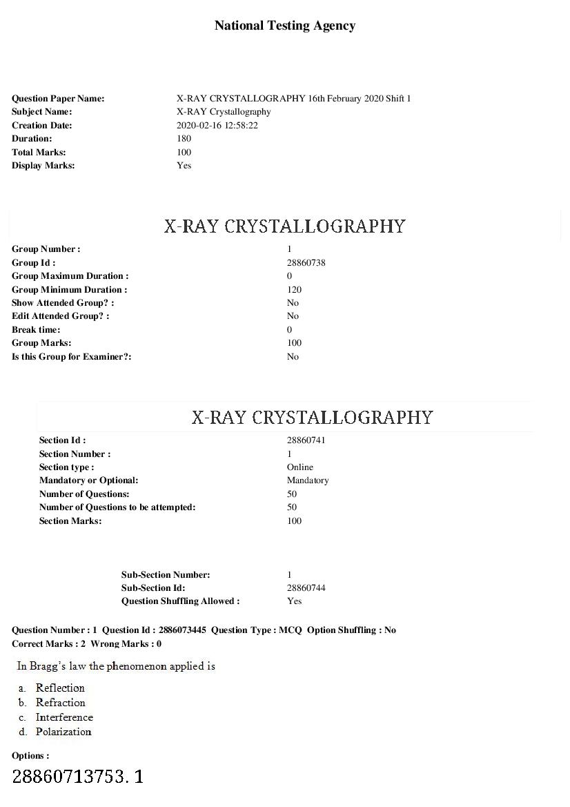 ARPIT 2020 Question Paper for X-RAY Crystallography - Page 1