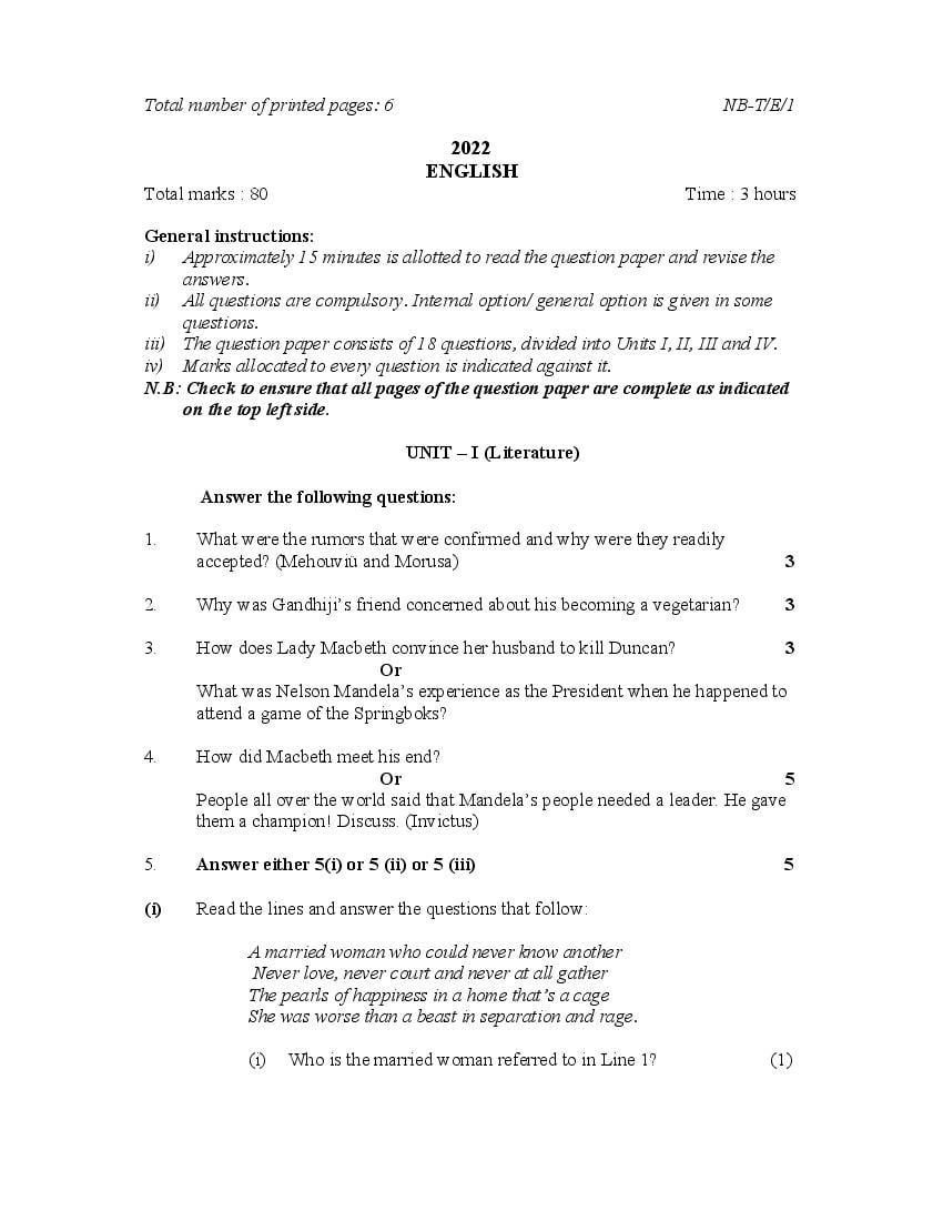 NBSE Class 10 Question Paper 2022 English - Page 1