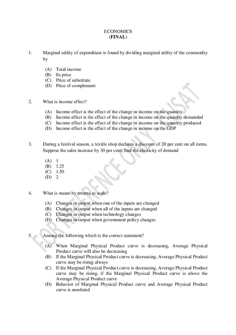 CUSAT CAT 2023 Question Paper Economics - Page 1
