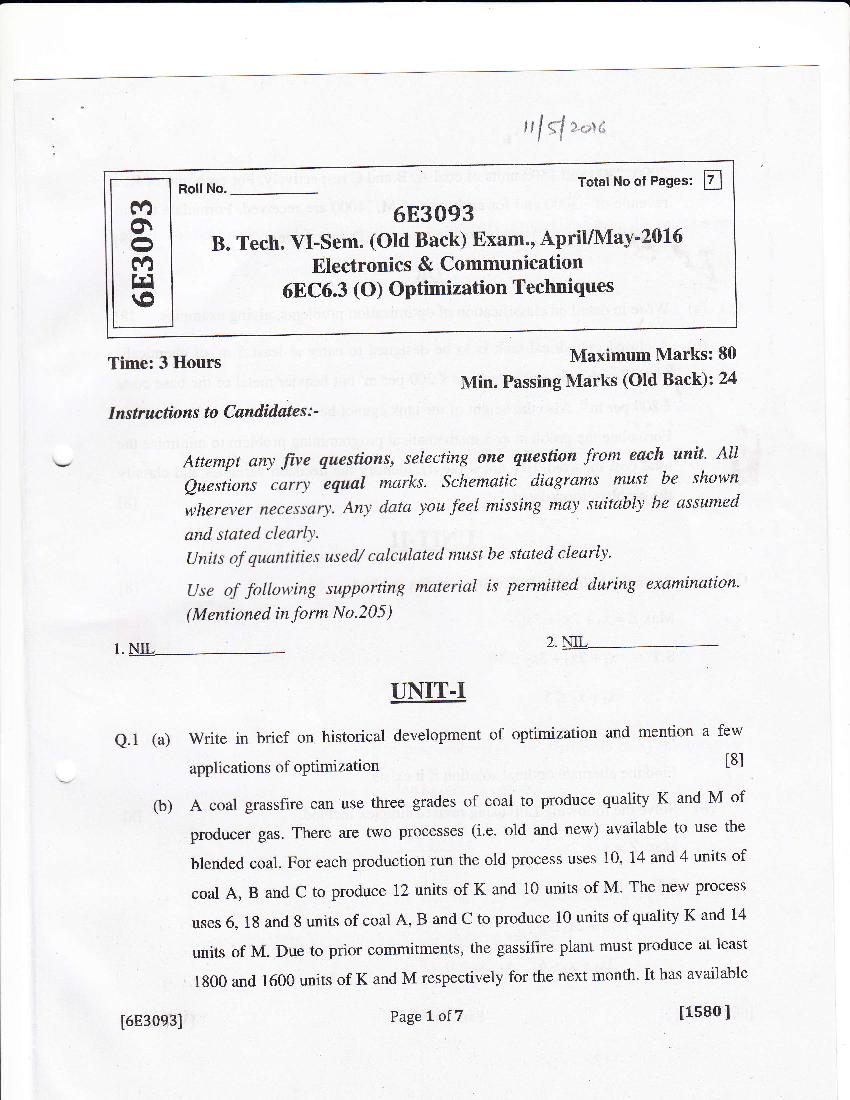 RTU 2016 Question Paper Semester VI Electronics and Communication Engineering Optimization Techniques - Page 1