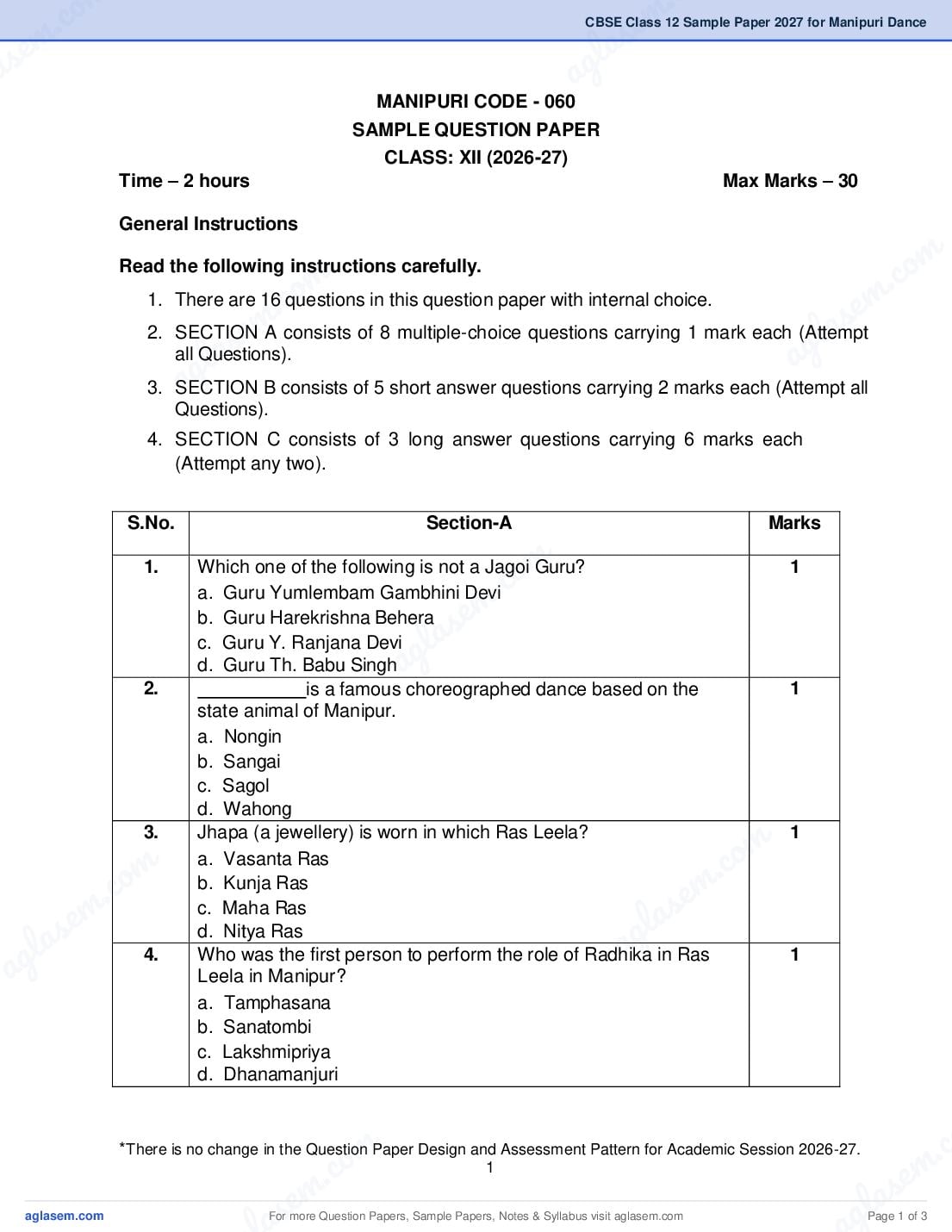 CBSE Class 12 Sample Paper 2027 for Manipuri Dance - Page 1 of 3